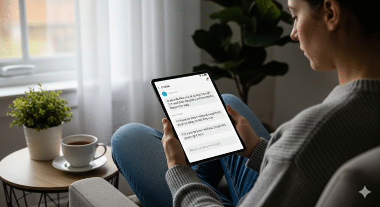 A person sitting comfortably in a well-lit living room, holding a tablet displaying a mental health chatbot conversation. The chatbot shows empathetic messages, and a cup of coffee sits on a side table, suggesting a calm and private setting for engaging with AI for mental health support.