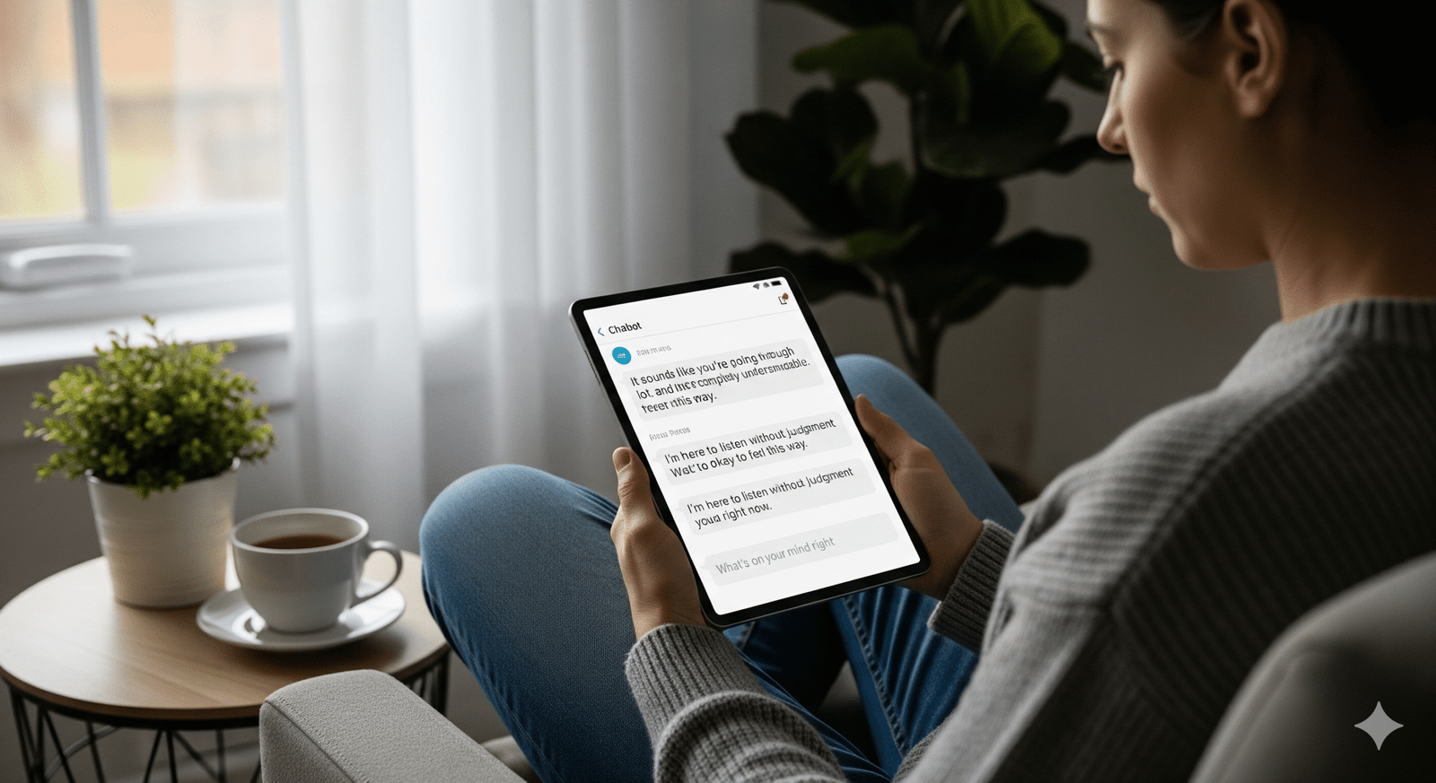 A person sitting comfortably in a well-lit living room, holding a tablet displaying a mental health chatbot conversation. The chatbot shows empathetic messages, and a cup of coffee sits on a side table, suggesting a calm and private setting for engaging with AI for mental health support.