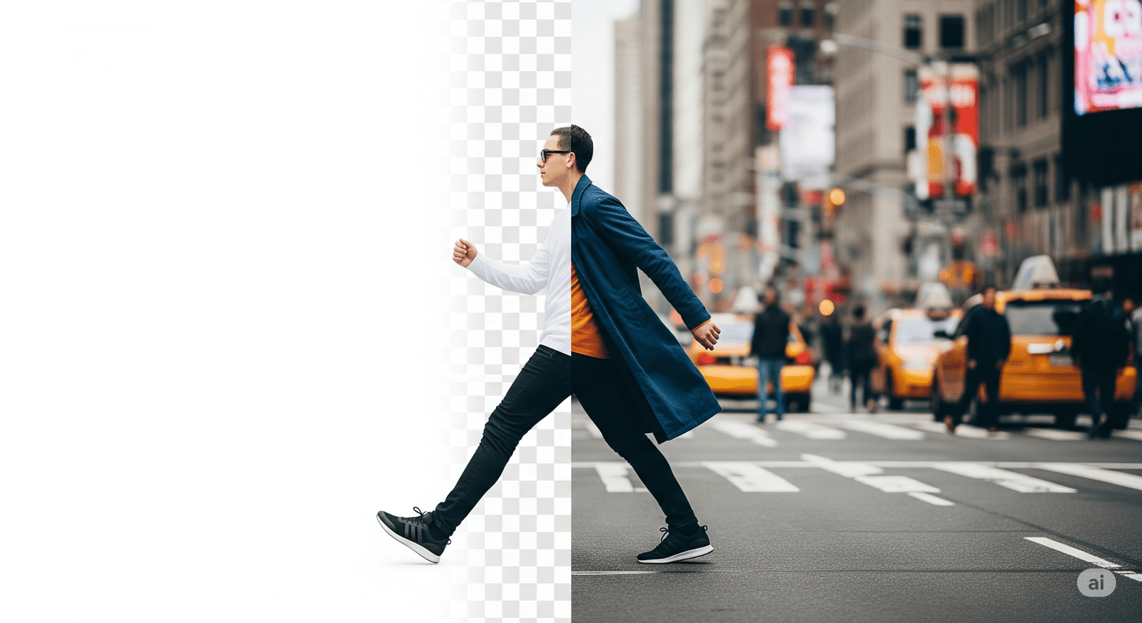 A dynamic hero image split into two halves. On the left side, a stylish person wearing a trench coat and sunglasses is shown against a stark white and transparent checkered background. On the right, the same person is seamlessly integrated into their original setting: a bustling city street with taxis and buildings in the background. This visual contrast highlights the "before and after" effect of background removal.