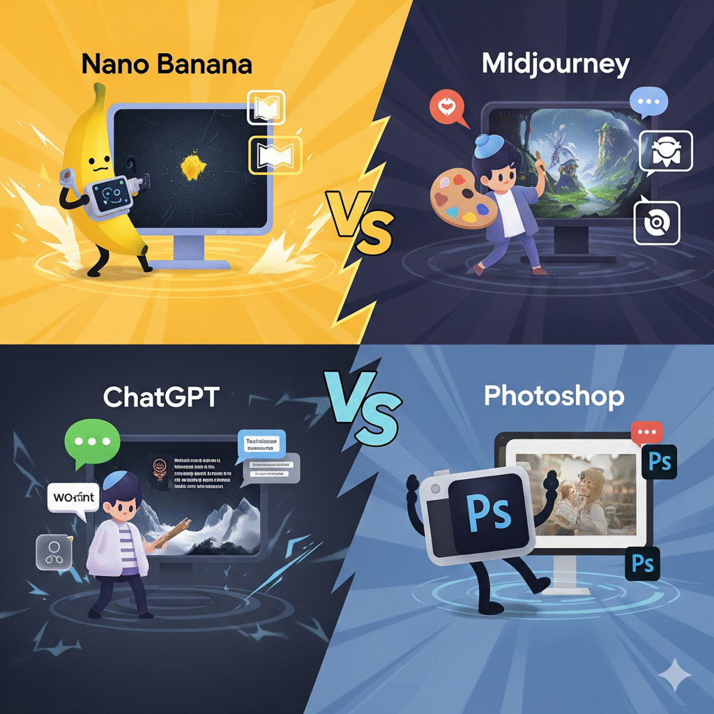 The top-left quadrant features "Nano Banana": a cartoon banana holding a futuristic device, standing in front of a monitor displaying a tiny, detailed object. The top-right quadrant features "Midjourney": a stylized artist figure holding a paint palette in front of a monitor showing a fantastical, imaginative landscape. The bottom-left quadrant features "ChatGPT": a character with a keyboard, standing near a monitor that displays an image being generated from a text prompt. The bottom-right quadrant features "Photoshop": a character designed like a camera with arms and legs, positioned next to a monitor showing a professionally edited and manipulated photograph.