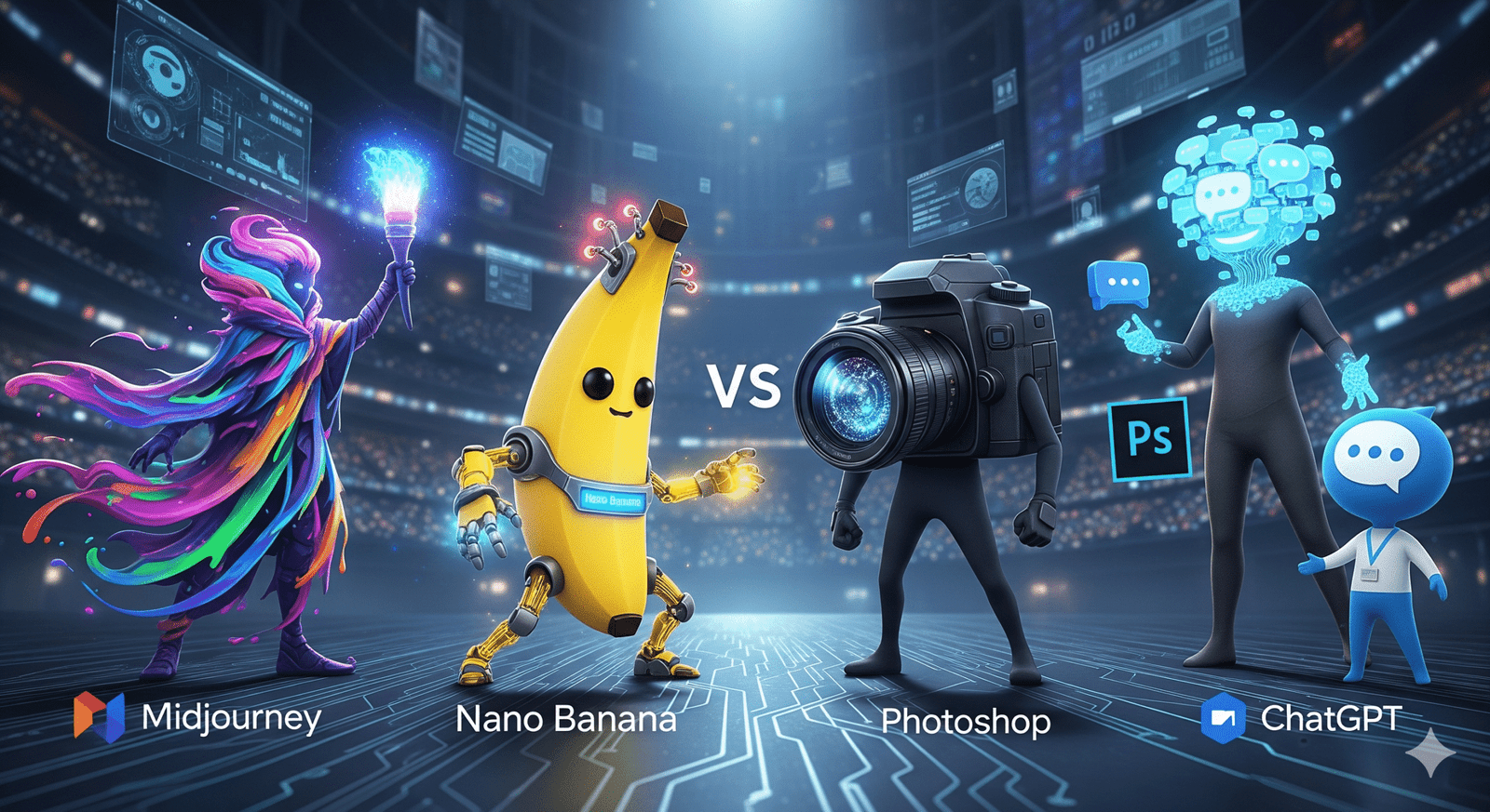 A widescreen, epic hero image with a 16:9 aspect ratio, showing a dynamic showdown between four stylized characters representing different AI image tools. In the center is "Nano Banana", a futuristic banana character with robotic limbs and glowing circuits, standing in a ready stance. To the left is Midjourney, depicted as a whimsical artist figure with a flowing cloak made of swirling, colorful paint strokes, holding a glowing brush. To the right is Photoshop, a professional camera character with a lens for a head, standing firm and poised. Also on the right is ChatGPT, a friendly character with a head made of glowing speech bubbles, representing its conversational nature. The characters are positioned in a grand, digital arena with a background of glowing data streams and circuit board patterns, all under dramatic lighting that emphasizes the sense of competition.