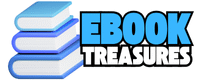 A logo for 'Ebook Treasures' featuring a stack of three stylized blue and white books on the left and the text 'EBOOK' in large, bold blue letters stacked above 'TREASURES' in bold white letters with a black outline on the right.