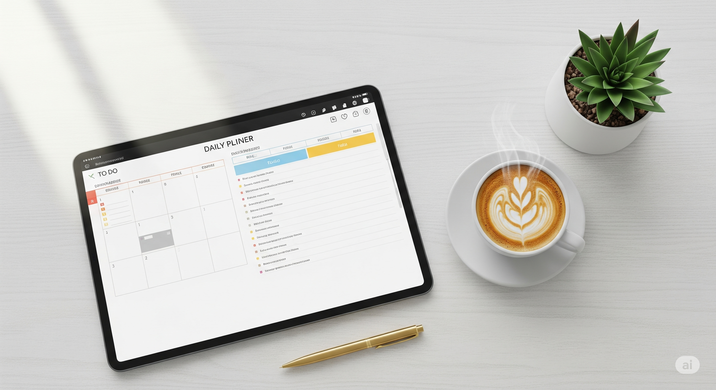 A clean and modern desk setup showing a digital planner on a tablet, representing the use of free online tools for productivity, next to a cup of coffee and a pen.