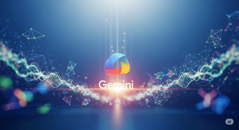 A vibrant and futuristic image featuring a stylized, glowing Google Gemini logo at the center, radiating beams of light and surrounded by abstract, interconnected neural network patterns. The background is a deep blue gradient, with geometric shapes and ethereal particles, symbolizing a new era of AI.