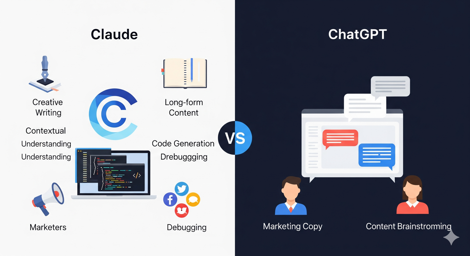 An illustrative comparison between Claude vs ChatGPT. On the left side, a blue and white theme represents Claude, showing icons for a quill pen and notebook (Creative Writing), code snippets (Code Generation), a megaphone and social media icons (Marketers), and a large "C" logo. Labels like "Nuance," "Long-form Content," and "Contextual Understanding" highlight its strengths. On the right, a darker theme represents ChatGPT, with chat bubbles on a screen and two user avatars, symbolizing its strengths in "Marketing Copy" and "Content Brainstorming." A large "VS" separates the two sections.