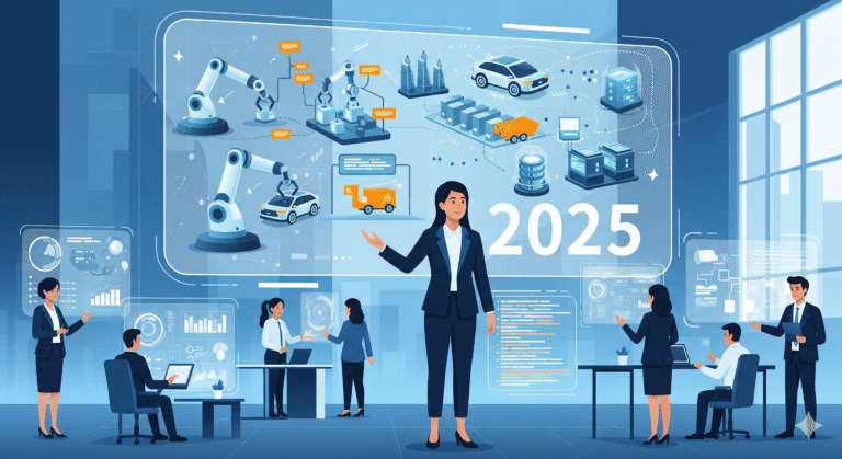 A digital illustration in a 16:9 aspect ratio shows a diverse group of business professionals in a modern office environment, engaging with various digital interfaces and projections that visualize AI automation. In the foreground, a prominent female figure in a business suit gestures towards a large, central holographic display showing interconnected robotic arms, automated vehicles, data centers, and delivery trucks, symbolizing automated business processes. The year "2025" is clearly visible on this display. Surrounding her, other professionals interact with tablets, laptops, and smaller holographic screens displaying data analytics, workflows, and cloud computing icons. The overall color palette is a clean, futuristic blue and white, conveying innovation and efficiency.