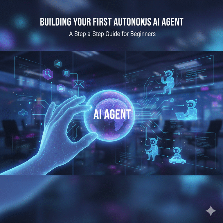 A digital hand interacts with a glowing orb labeled AI AGENT at the center of a circuit board. Lines of light connect the orb to small robot icons performing autonomous tasks like driving, typing, and managing data, illustrating workflow automation.