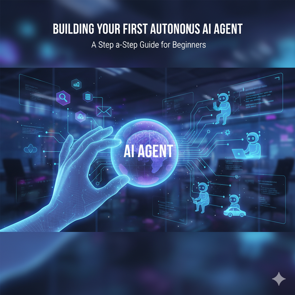 A digital hand interacts with a glowing orb labeled AI AGENT at the center of a circuit board. Lines of light connect the orb to small robot icons performing autonomous tasks like driving, typing, and managing data, illustrating workflow automation.