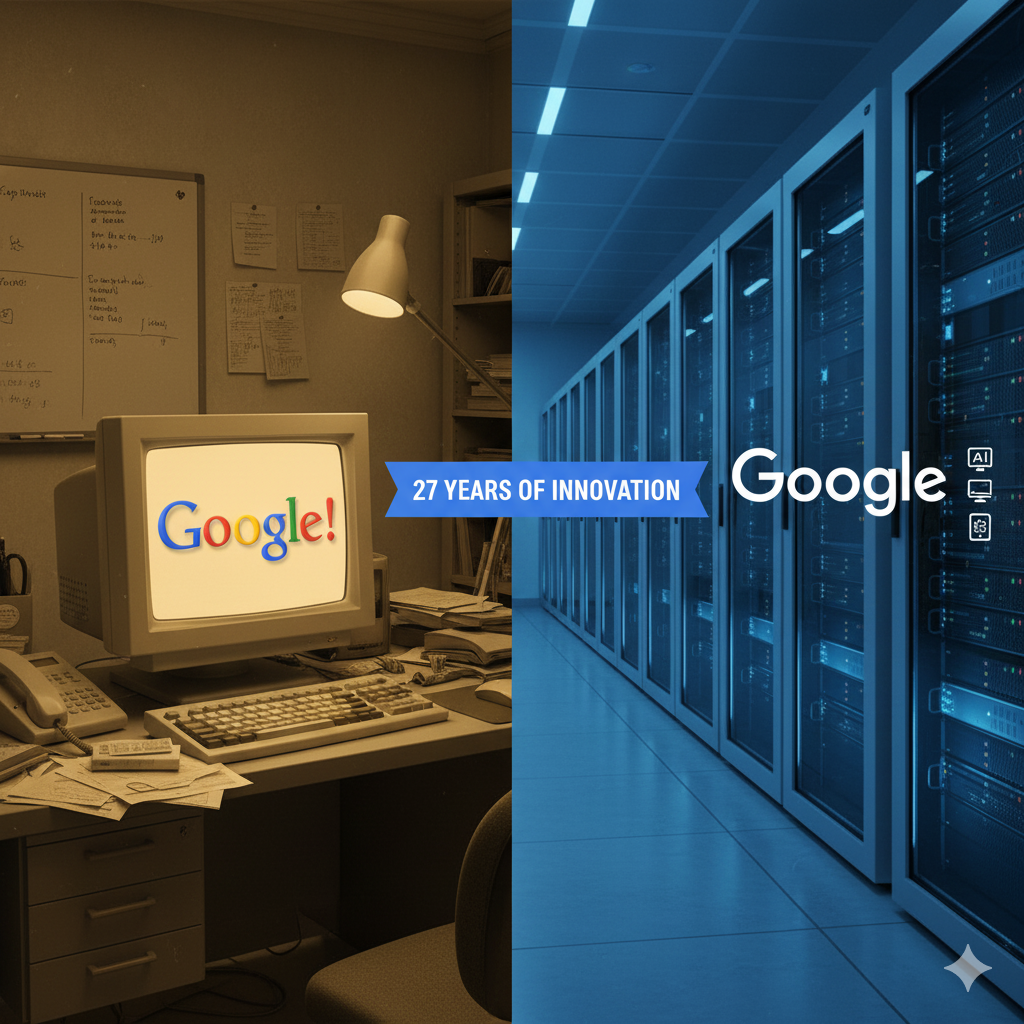 A horizontal split-screen image illustrating the 27-year history of Google. The left side, in a warm, vintage sepia tone, shows a messy 1990s garage office with an old, bulky CRT monitor displaying the original 1998 Google logo (the colorful wordmark with a drop shadow and an exclamation point). The right side, in a stark, modern blue light, depicts a clean, futuristic server room filled with glowing data racks, featuring the sleek, flat current Google logo and the banner text: "27 Years of Innovation.