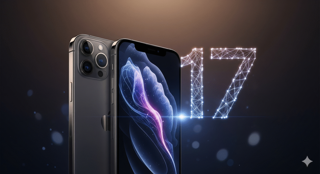 A hero image for an article about the iPhone 17. The image features a sleek, dark-themed hero image with the new iPhone 17 positioned centrally, slightly angled to the right to showcase its full-screen display with a vibrant, abstract wallpaper. The device has a thin, refined bezel and a subtly redesigned camera array visible on the back. A faint, ethereal glow emanates from behind the phone, and the number "17" is integrated into the background, formed by glowing, interconnected lines.
