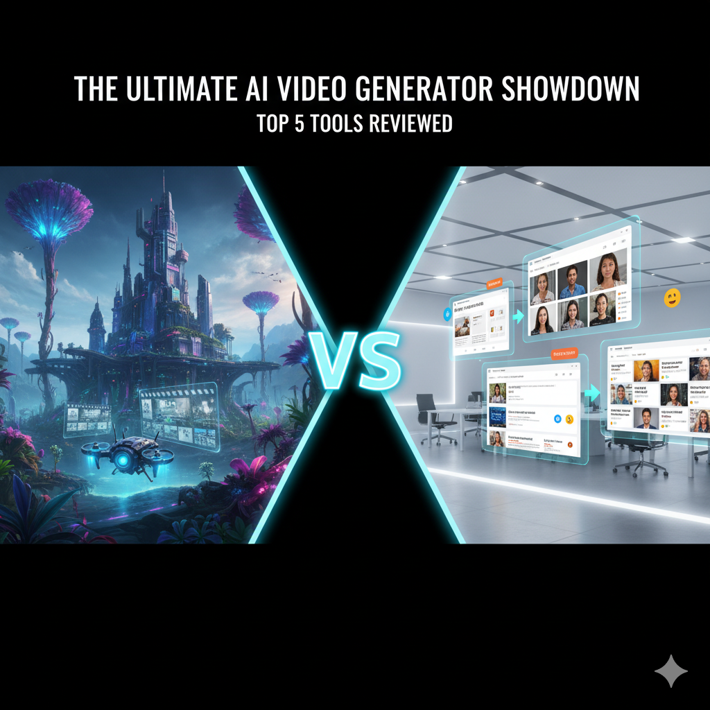 A 16:9 graphic titled "THE ULTIMATE AI VIDEO GENERATOR SHOWDOWN" is split diagonally by a bright cyan 'VS' sign. The left side depicts a fantastical, cinematic landscape with a sci-fi castle and a drone filming, representing creative text-to-video tools like Runway. The right side shows a sterile, modern office environment with floating screens displaying diverse AI avatars and corporate templates, representing business-focused AI video generators like Synthesia and HeyGen.