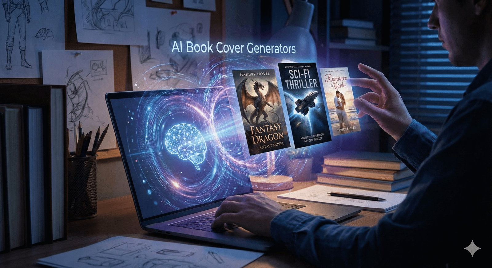 A person at a desk uses a laptop with a futuristic holographic interface displaying a glowing brain icon and three distinct book covers for fantasy, sci-fi, and romance genres, illustrating AI book cover generators in action.