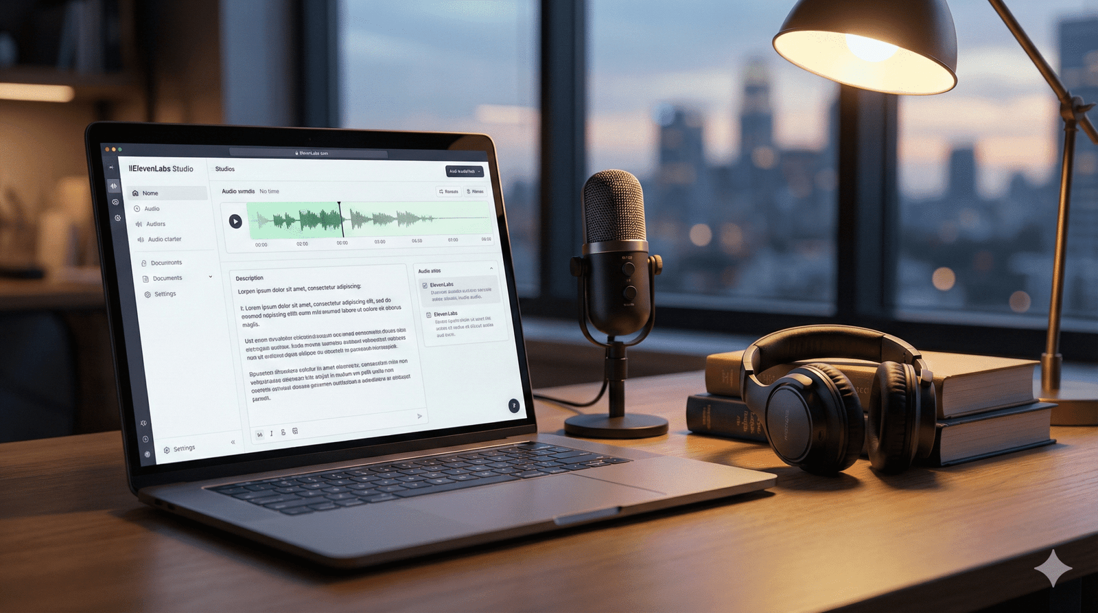 "A futuristic digital illustration of a sound wave transforming into an open book, symbolizing AI audiobook narration using ElevenLabs."