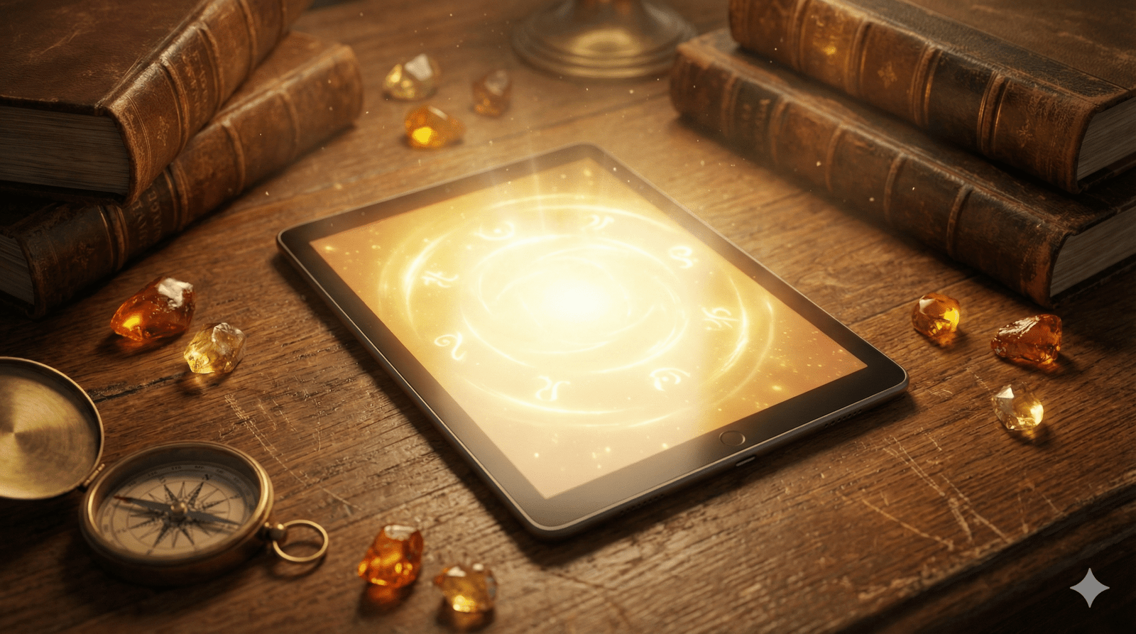 "Glowing e-reader tablet resting on an antique wooden desk surrounded by vintage books, a compass, and gemstones, symbolizing the discovery of the best underrated ebooks of 2025."