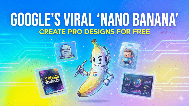 How to Use Google’s Viral "Nano Banana" Tool to Create Professional Designs (for Free) 2025 5 "Google Nano Banana AI tool promotional graphic featuring a cartoon banana character with headphones. Text reads: 'Google's Viral Nano Banana Create Pro Designs For Free'. Background shows examples of AI-generated assets including a 3D figurine, ebook cover, and data dashboard."