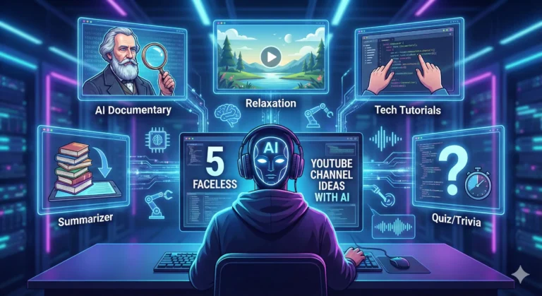 5 Faceless YouTube Channel Ideas You Can Start with AI Today (No Camera Needed) 7 "Digital content creator workspace showing video editing software and AI tools for a faceless YouTube channel, with 'Faceless YouTube Ideas' text overlay."