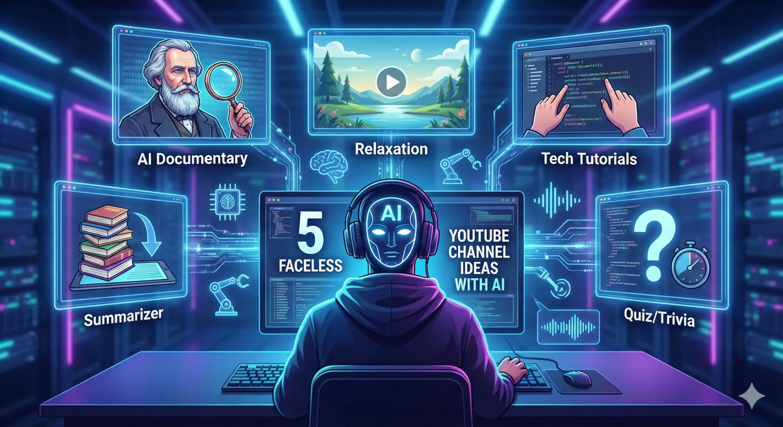 "Digital content creator workspace showing video editing software and AI tools for a faceless YouTube channel, with 'Faceless YouTube Ideas' text overlay."
