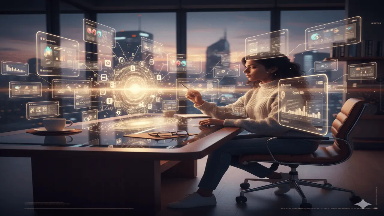 Young professional woman sitting at a glass desk in a high-rise city office at night, interacting with glowing futuristic AI interface screens and data charts. chatgpt prompts.