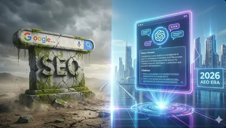 SEO is Dead. Long Live AEO: How to Rank in ChatGPT Search in 2026 4 "Futuristic concept art depicting the shift from traditional SEO to Answer Engine Optimization (AEO) in 2026, featuring a glowing AI search interface."