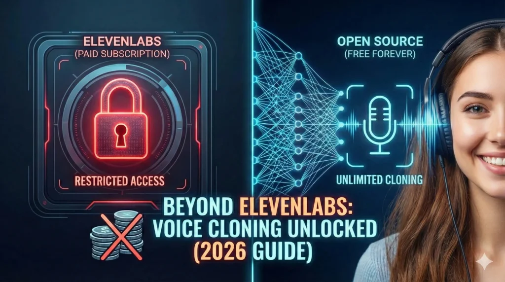 Beyond ElevenLabs: How to Clone Your Voice for Free (The 2026 Guide) 2 "Futuristic cyberpunk woman wearing high-tech headphones interacting with a glowing blue digital voice waveform, representing free AI voice cloning and ElevenLabs alternatives."
