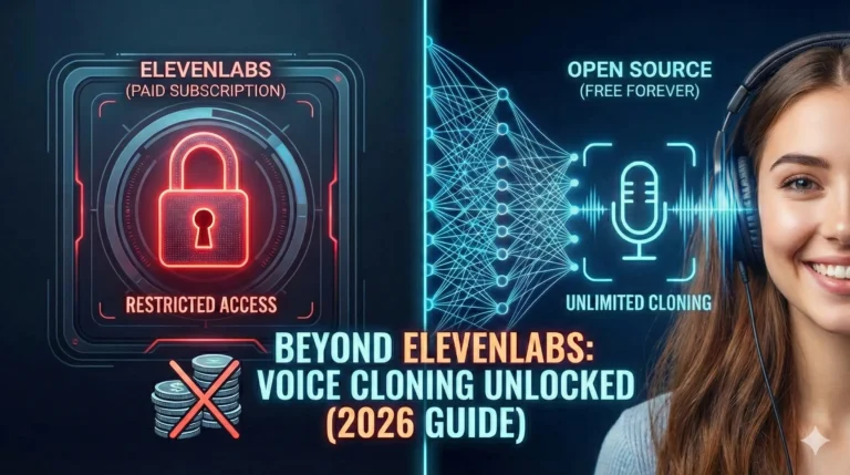 Beyond ElevenLabs: How to Clone Your Voice for Free (The 2026 Guide) 4 "Futuristic cyberpunk woman wearing high-tech headphones interacting with a glowing blue digital voice waveform, representing free AI voice cloning and ElevenLabs alternatives."