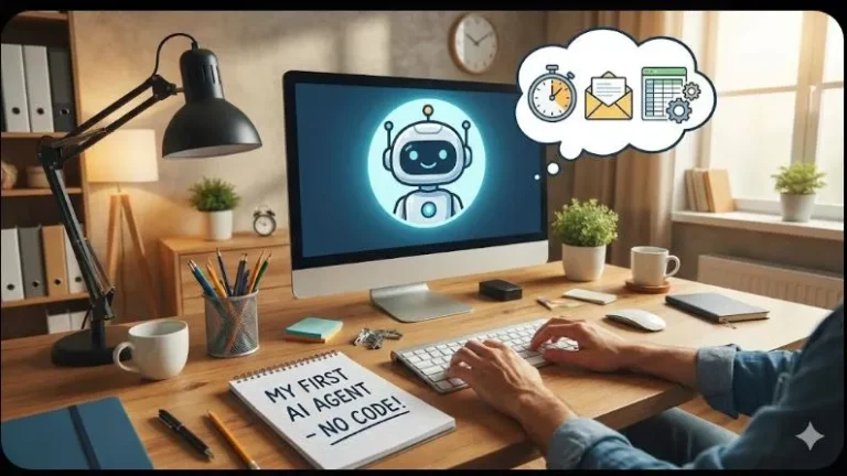 A modern home office workspace featuring a computer screen with a friendly AI robot avatar and automation icons. A handwritten note on the desk reads "My First AI Agent - No Code!", illustrating the concept of building an AI agent for beginners.
