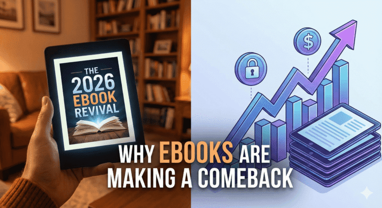 A futuristic yet cozy conceptual image representing the "Ebooks Comeback of 2026." In the foreground, a sleek, modern e-reader tablet displays the text "OWNERSHIP" on a warm, paper-like screen, resting on a rustic wooden table next to a steaming cup of coffee. In the blurred background, a laptop screen shows a chaotic, grayed-out list of "Subscription Cancelled" notifications, symbolizing the shift away from the subscription economy. The lighting is warm and inviting, highlighting the peace of digital disconnection.