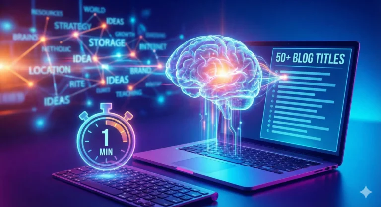 "A content creator working on a laptop, using AI software to rapidly generate a list of creative blog titles."