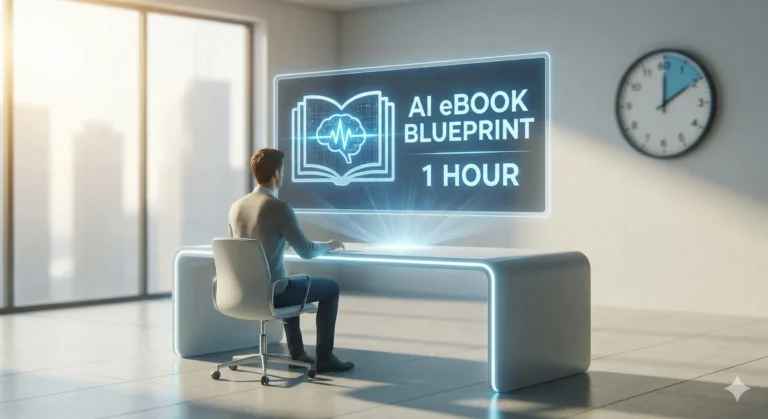 A digital illustration of a writer working on a laptop with glowing AI elements and book icons, representing how to write an eBook fast using artificial intelligence.
