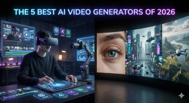 The 5 Best AI Video Generators of 2026 comparison showing OpenAI Sora, Kling AI, and Runway Gen-3 interfaces in a futuristic workspace.