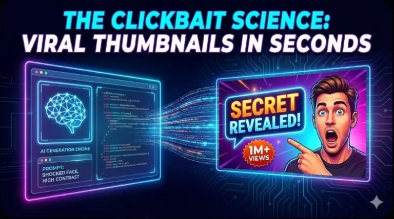 Comparison of a boring YouTube thumbnail versus a viral AI-generated thumbnail created with Midjourney and Ideogram, featuring the text 'Clickbait Science' how to use ai.