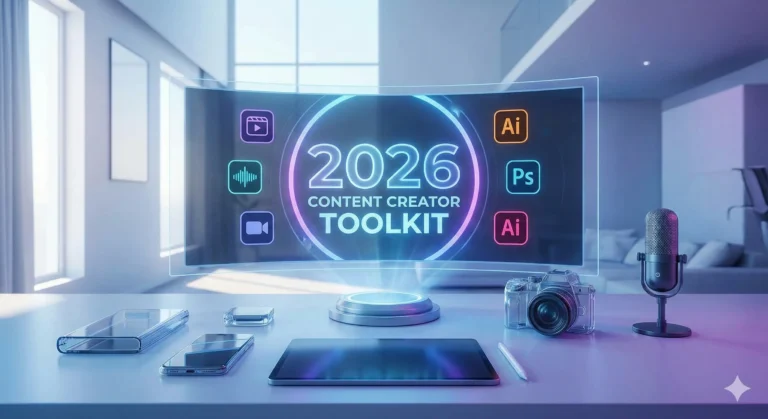 Futuristic digital workspace displaying a holographic interface of the ultimate content creator toolkit for 2026, including video, audio, and design AI tools.