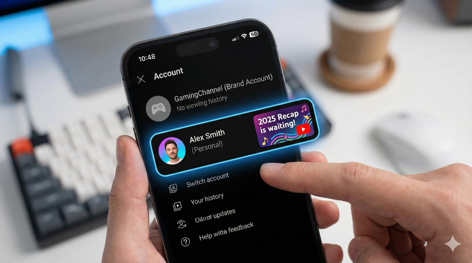 "Smartphone screen showing the YouTube 'Switch Account' menu to fix Recap not showing. The image highlights switching from a 'Brand Account' with no history to a 'Personal Account' where the '2025 Recap is waiting' banner appears."