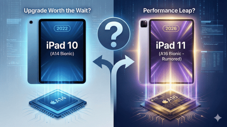 iPad 10 vs. The Rumored iPad A16 (11th Gen): Is the Performance Leap Worth the Wait? 2 "Side-by-side comparison of the iPad 10 and the rumored iPad 11 (A16), featuring floating holographic A14 and ipad a16 processor chips to symbolize the performance upgrade."