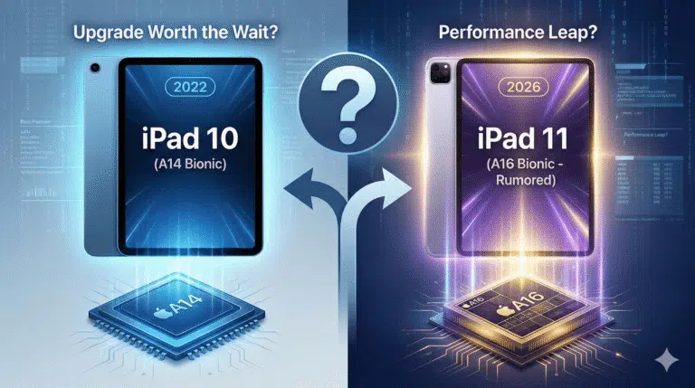 "Side-by-side comparison of the iPad 10 and the rumored iPad 11 (A16), featuring floating holographic A14 and ipad a16 processor chips to symbolize the performance upgrade."