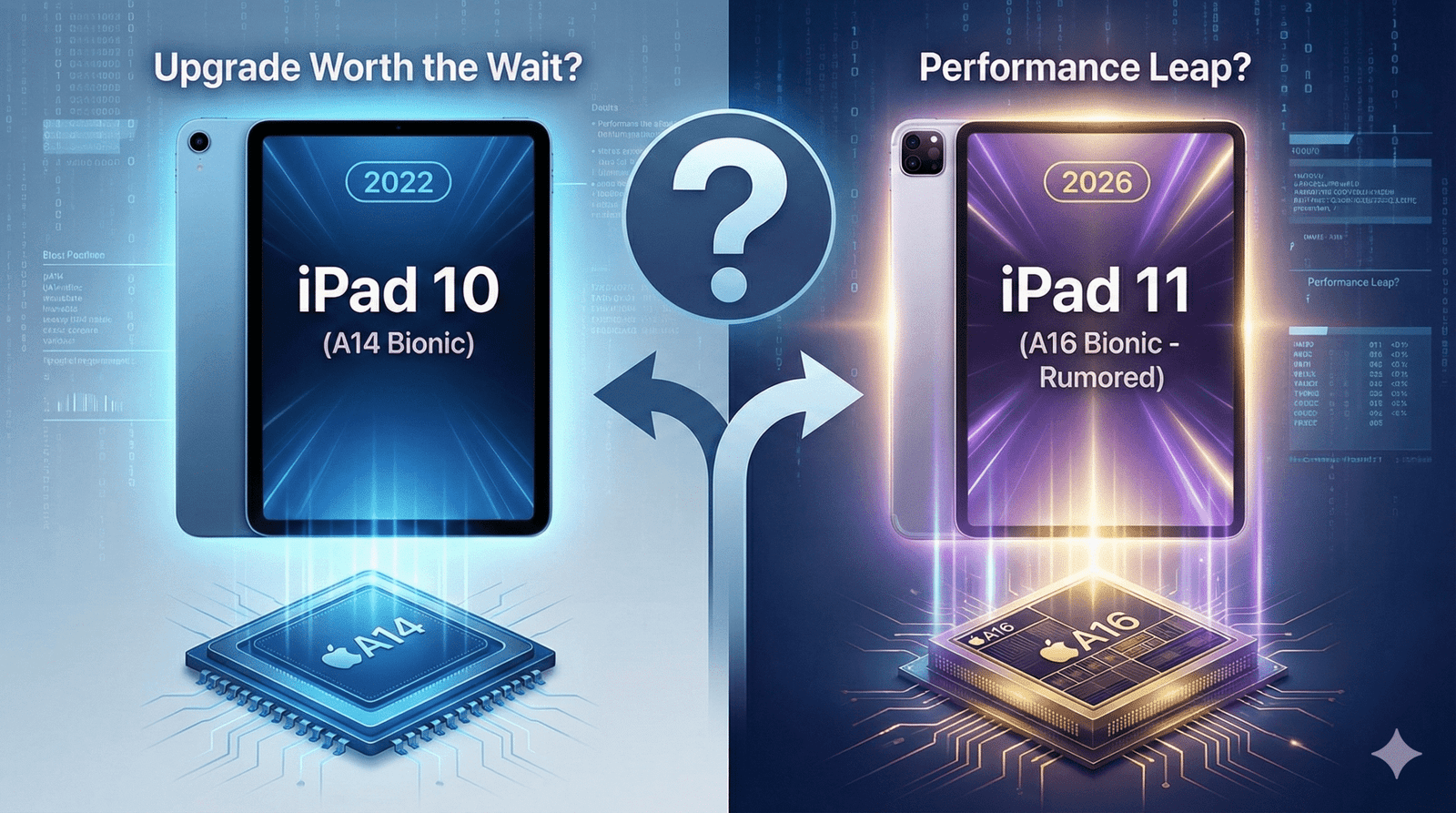 iPad 10 vs. The Rumored iPad A16 (11th Gen): Is the Performance Leap Worth the Wait? 1 "Side-by-side comparison of the iPad 10 and the rumored iPad 11 (A16), featuring floating holographic A14 and ipad a16 processor chips to symbolize the performance upgrade."
