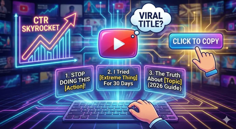 Conceptual illustration showing a digital interface for generating viral YouTube titles, featuring a rising "CTR Skyrocket" graph, a keyboard typing out template examples like "Stop Doing This" and "2026 Guide," and a "Click to Copy" button.