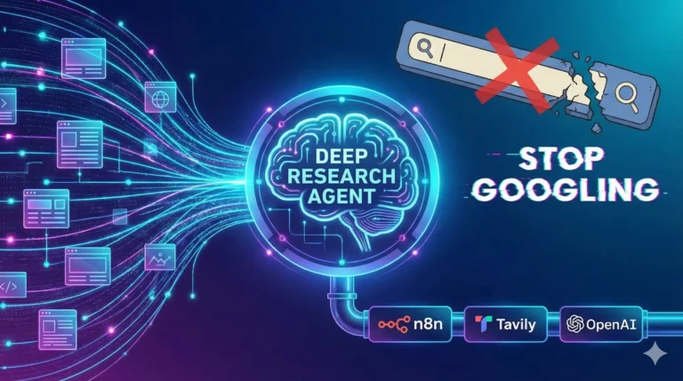 A split-screen illustration comparing manual web searching vs. an automated Deep Research Agent. The left side shows a stressed user drowning in open browser tabs, while the right side depicts a futuristic AI interface automatically synthesizing data into a clean report using n8n.
