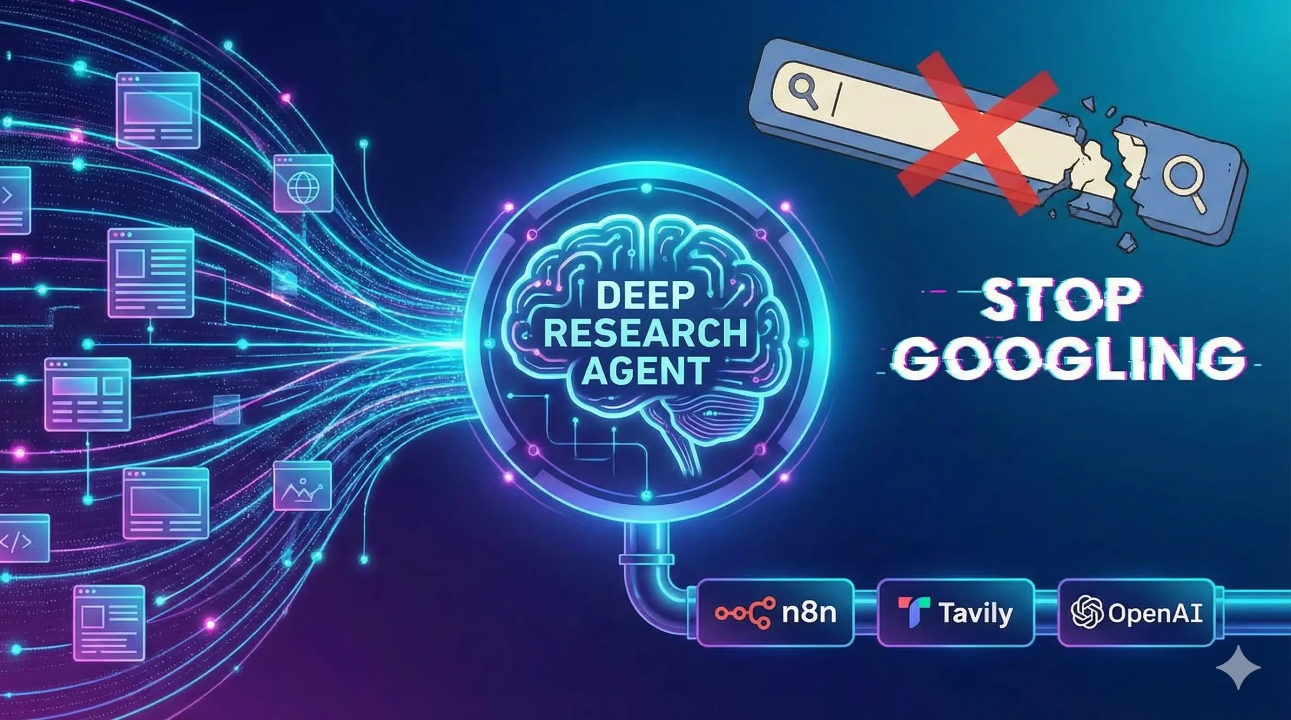 A split-screen illustration comparing manual web searching vs. an automated Deep Research Agent. The left side shows a stressed user drowning in open browser tabs, while the right side depicts a futuristic AI interface automatically synthesizing data into a clean report using n8n.