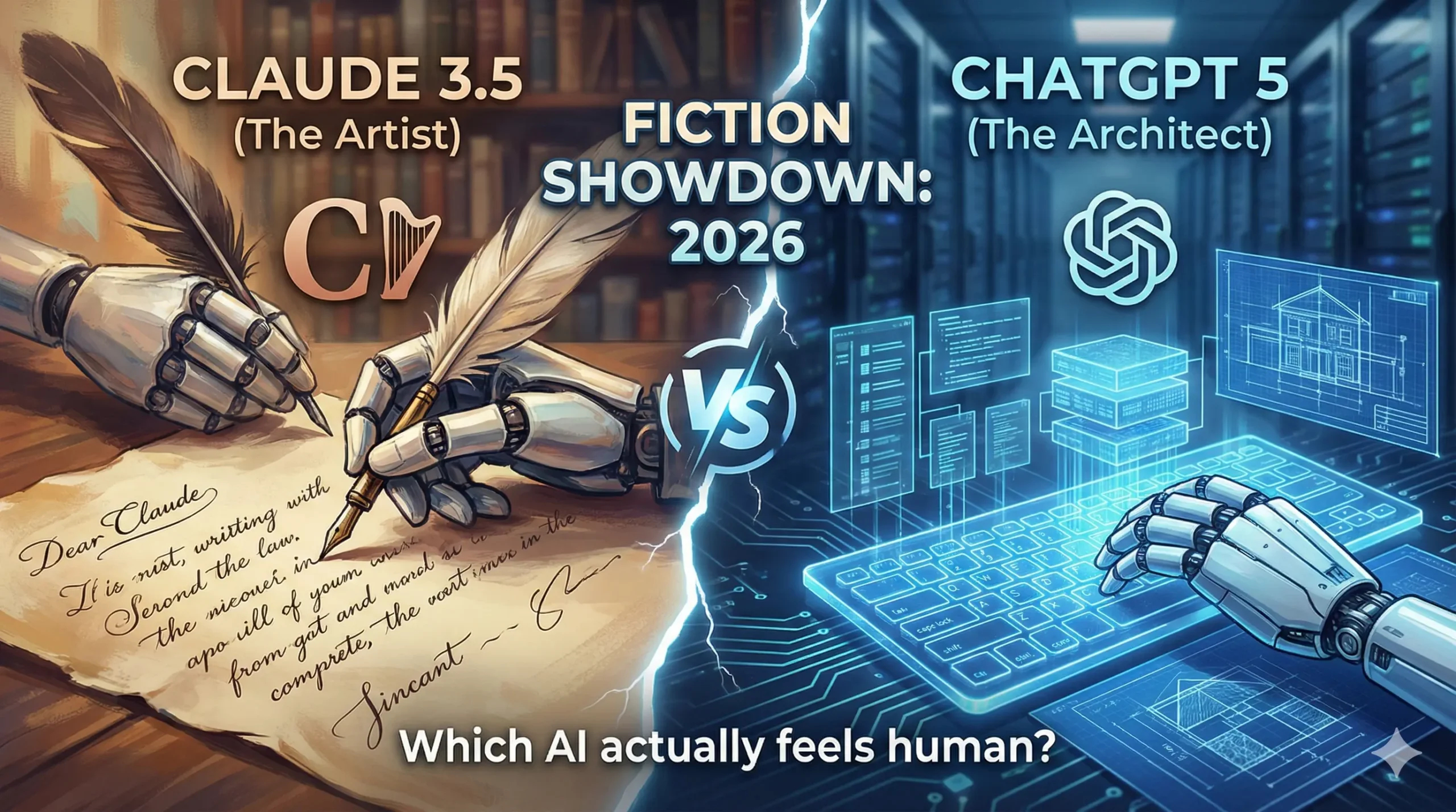 A split-screen illustration symbolizing the 'Claude 3.5 vs ChatGPT 5' writing debate. The left side shows a structured, robotic figure (ChatGPT) analyzing blue data streams, while the right side shows an expressive, artistic figure (Claude) painting a colorful canvas, representing the difference between logical plotting and creative prose.