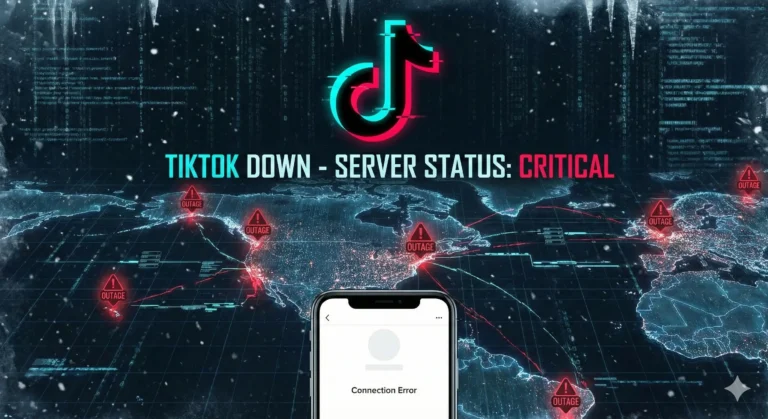 Digital map of the United States showing TikTok server outage red zones during a winter storm, with a smartphone in the foreground displaying a connection error message and the TikTok logo glitching. is tiktok down ?