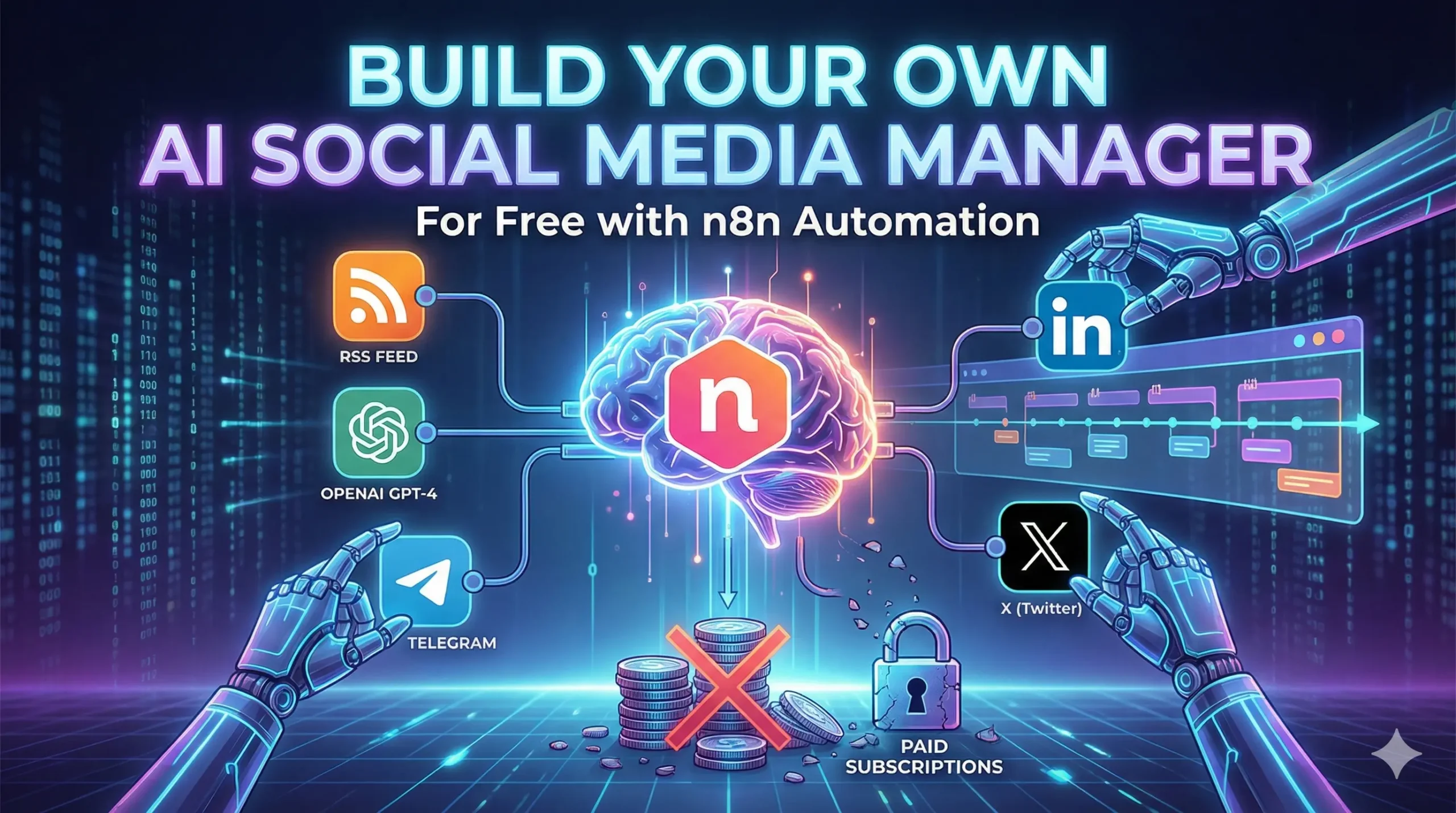 A futuristic workspace featuring a laptop screen displaying a complex n8n automation workflow diagram. A robotic hand extends from the screen to shake a human hand, symbolizing the collaboration between an author and their AI social media manager.