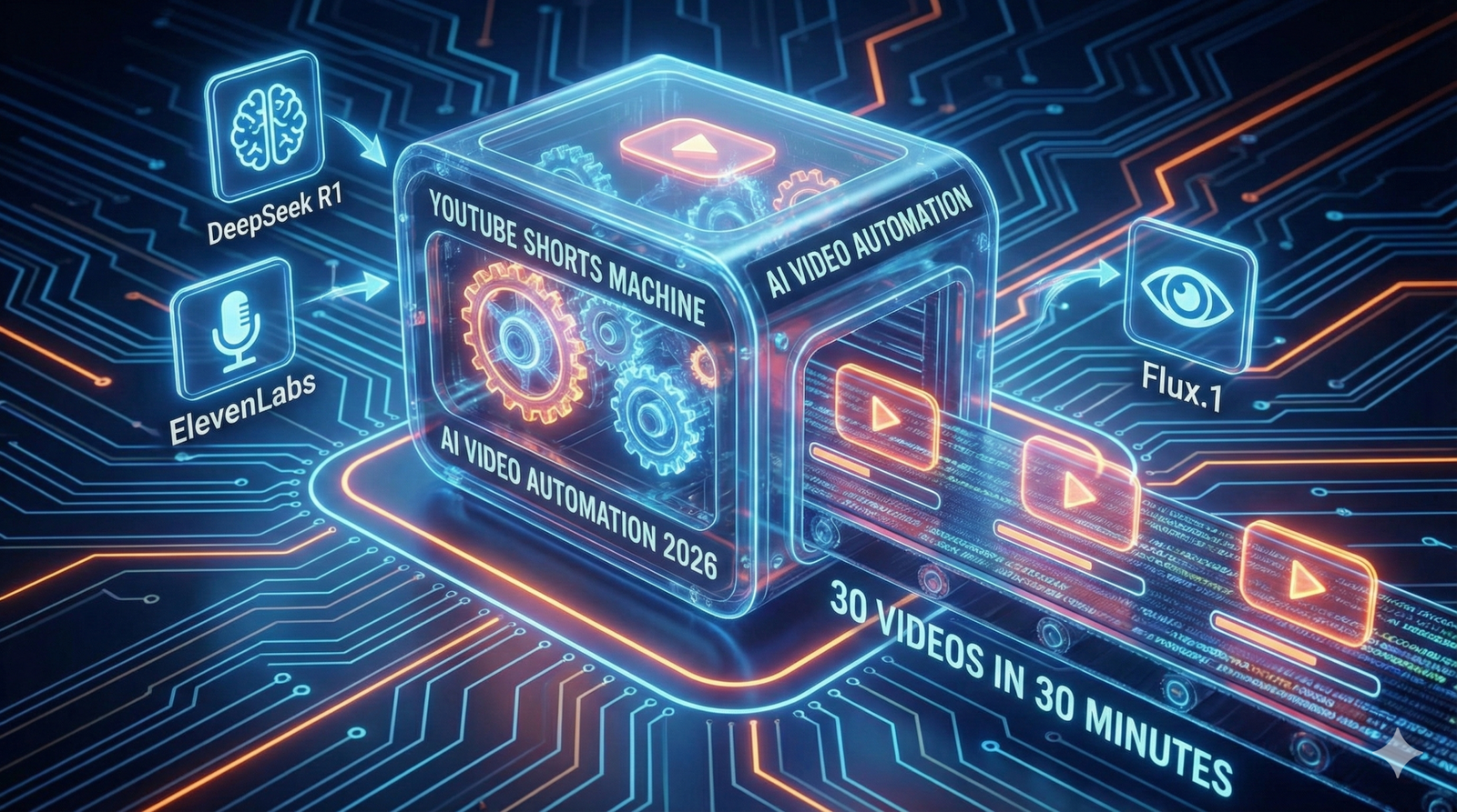 I Built a YouTube Shorts Machine: Mastering AI Video Automation 2026 with n8n 1 A futuristic digital assembly line visualizing AI Video Automation 2026. Glowing nodes represent n8n connecting DeepSeek for scripts, Flux.1 for images, and ElevenLabs for voice, creating a stream of finished YouTube Shorts.
