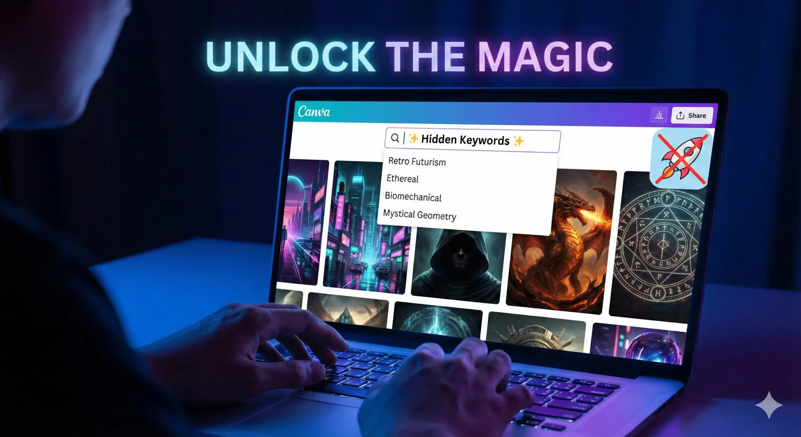 A laptop screen displaying the Canva design interface featuring a split view: one side showing a neon 'Retro Futurism' Sci-Fi book cover and the other a glowing 'Mystical Geometry' Fantasy book cover, illustrating hidden design keywords for authors. Canva keywords.