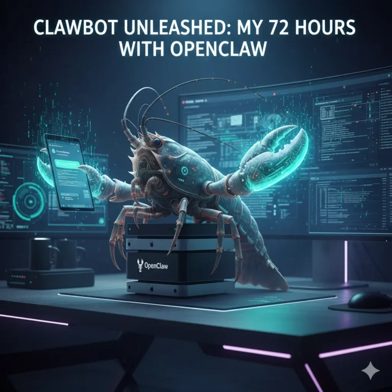 A futuristic cinematic wide-angle shot of a cybernetic lobster perched on a stack of Mac Mini computers, representing the OpenClaw (formerly Clawdbot) AI agent. The lobster's glowing cyan claws interact with holographic computer screens and a floating smartphone displaying chat logs. The background shows a dark, high-tech desk setup with neon purple lighting and digital data streams. Text at the top reads: "CLAWBOT UNLEASHED: MY 72 HOURS WITH OPENCLAW."