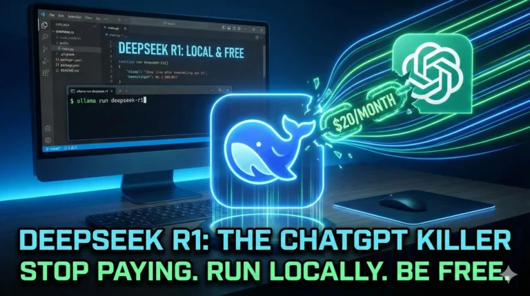 A split-screen illustration comparing ChatGPT vs DeepSeek R1. The left side represents the expensive 'Subscription Trap' of OpenAI, while the right side shows a glowing, futuristic laptop running DeepSeek R1 locally for free, visualizing the concept of Sovereign AI.