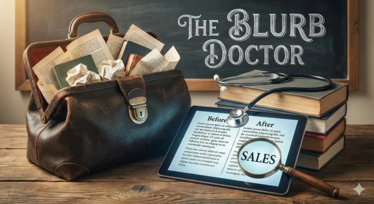 A creative illustration of a 'Blurb Doctor' examining a book manuscript with a stethoscope, symbolizing the process of rewriting book descriptions to fix low sales. The background features a rising sales graph, representing the goal to double book revenue. rwrite book