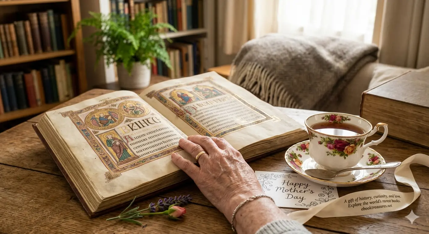 A high-resolution, atmospheric promotional image for Mother's Day. The scene is a warm, sunlit room with a rustic wooden table. An elderly woman’s hand, wearing a gold ring and a delicate silver bracelet, rests gently on the pages of an open, ancient medieval manuscript filled with ornate gold leaf illustrations and Latin script. Beside the book sits a steaming cup of tea in a vintage floral porcelain teacup on a matching saucer. In the foreground, there is a small "Happy Mother's Day" card and a cream-colored silk ribbon featuring the text: "A gift of history, curiosity, and love. Explore the world's rarest books. ebooktreasures.net". The background is softly blurred, showing a cozy home library with bookshelves and a green fern, creating a "Dark Academia" and "Cozy" aesthetic.