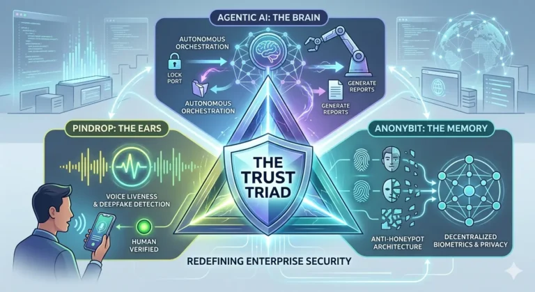 An enterprise security infographic titled "THE TRUST TRIAD" at its center within a glowing shield. The graphic is set in a modern digital operations center with server racks and screens displaying data. Arrows connect three main components to the central triad. At the top is "AGENTIC AI: THE BRAIN" for "AUTONOMOUS ORCHESTRATION," showing icons like locking ports and generating reports. On the left is "PINDROP: THE EARS" for "VOICE LIVENESS & DEEPFAKE DETECTION," with a man speaking into a phone showing a waveform and "HUMAN VERIFIED." On the right is "ANONYBIT: THE MEMORY" for "ANTI-HONEYPOT ARCHITECTURE" and "DECENTRALIZED BIOMETRICS & PRIVACY," displaying stylized faces, fingerprints, and a complex network. Text at the bottom states "REDEFINING ENTERPRISE SECURITY."
