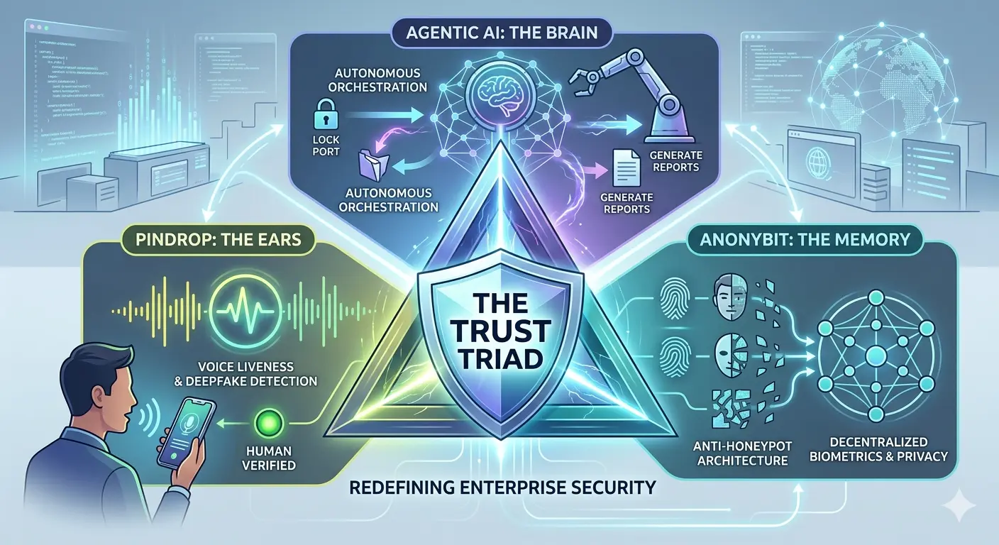 The Trust Triad: How Agentic AI, Pindrop, and Anonybit Redefine Enterprise Security 2026 1 An enterprise security infographic titled "THE TRUST TRIAD" at its center within a glowing shield. The graphic is set in a modern digital operations center with server racks and screens displaying data. Arrows connect three main components to the central triad. At the top is "AGENTIC AI: THE BRAIN" for "AUTONOMOUS ORCHESTRATION," showing icons like locking ports and generating reports. On the left is "PINDROP: THE EARS" for "VOICE LIVENESS & DEEPFAKE DETECTION," with a man speaking into a phone showing a waveform and "HUMAN VERIFIED." On the right is "ANONYBIT: THE MEMORY" for "ANTI-HONEYPOT ARCHITECTURE" and "DECENTRALIZED BIOMETRICS & PRIVACY," displaying stylized faces, fingerprints, and a complex network. Text at the bottom states "REDEFINING ENTERPRISE SECURITY."